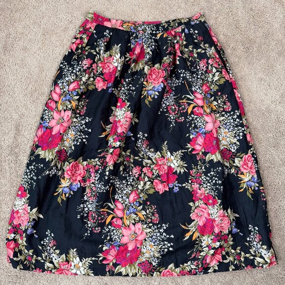 F A Chatta Ltd Skirt Womens 8 Black Pink Dark Floral Vintage Made in USA Midi - Picture 7 of 9